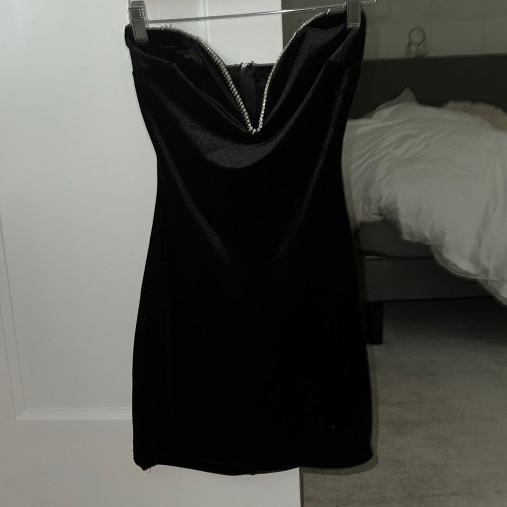 strapless black mini dress